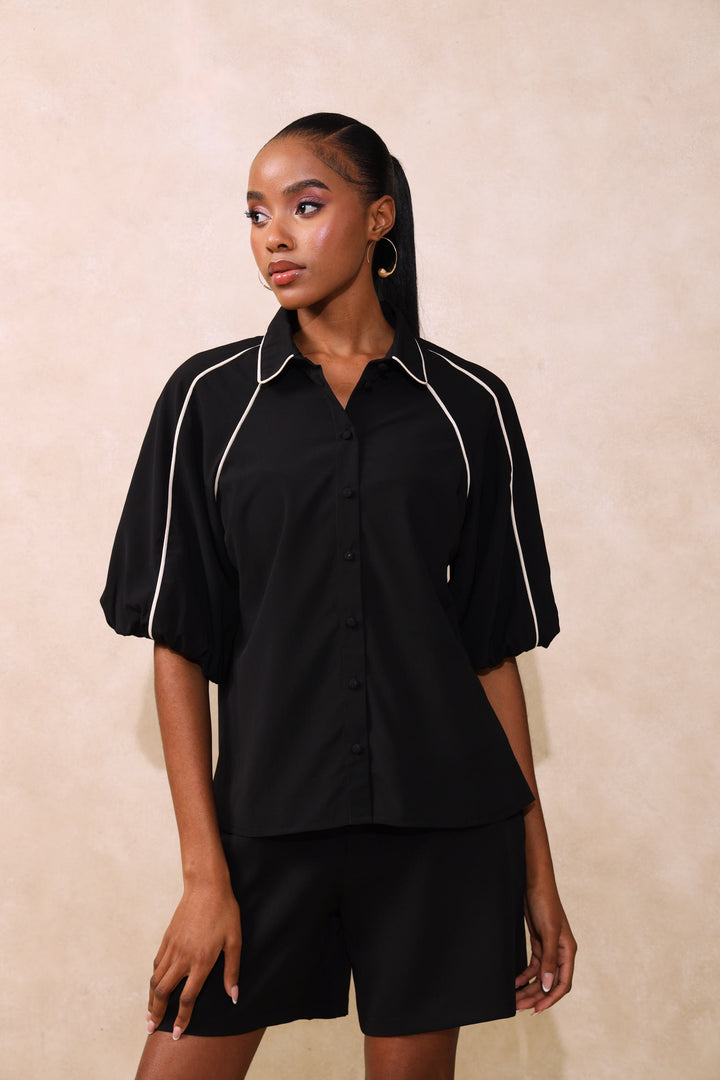 Panelled Puff Sleeve Blouse - Black/White