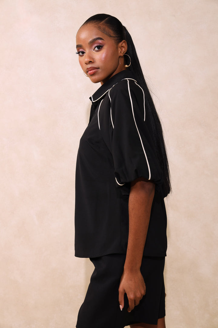Panelled Puff Sleeve Blouse - Black/White