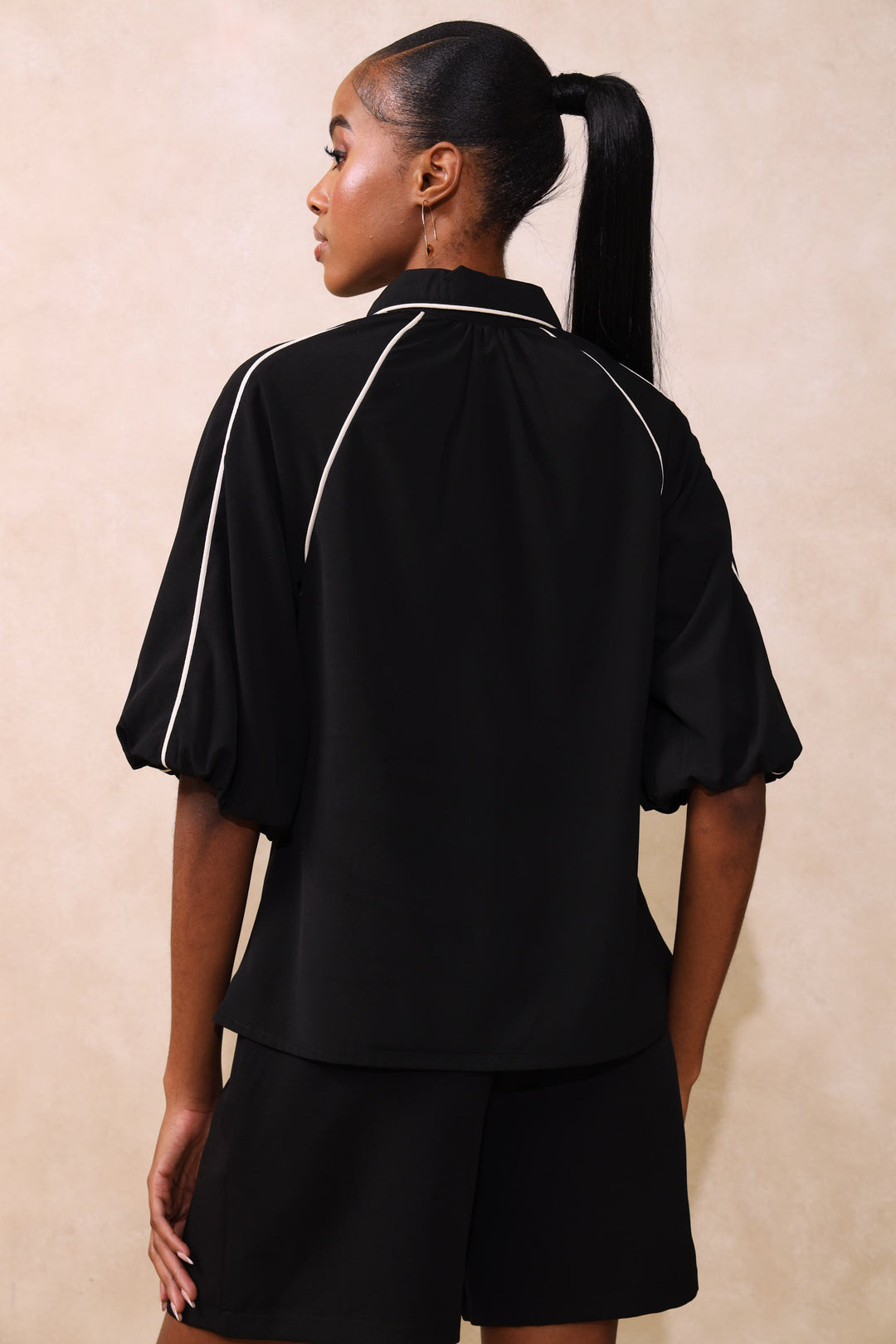 Panelled Puff Sleeve Blouse - Black/White