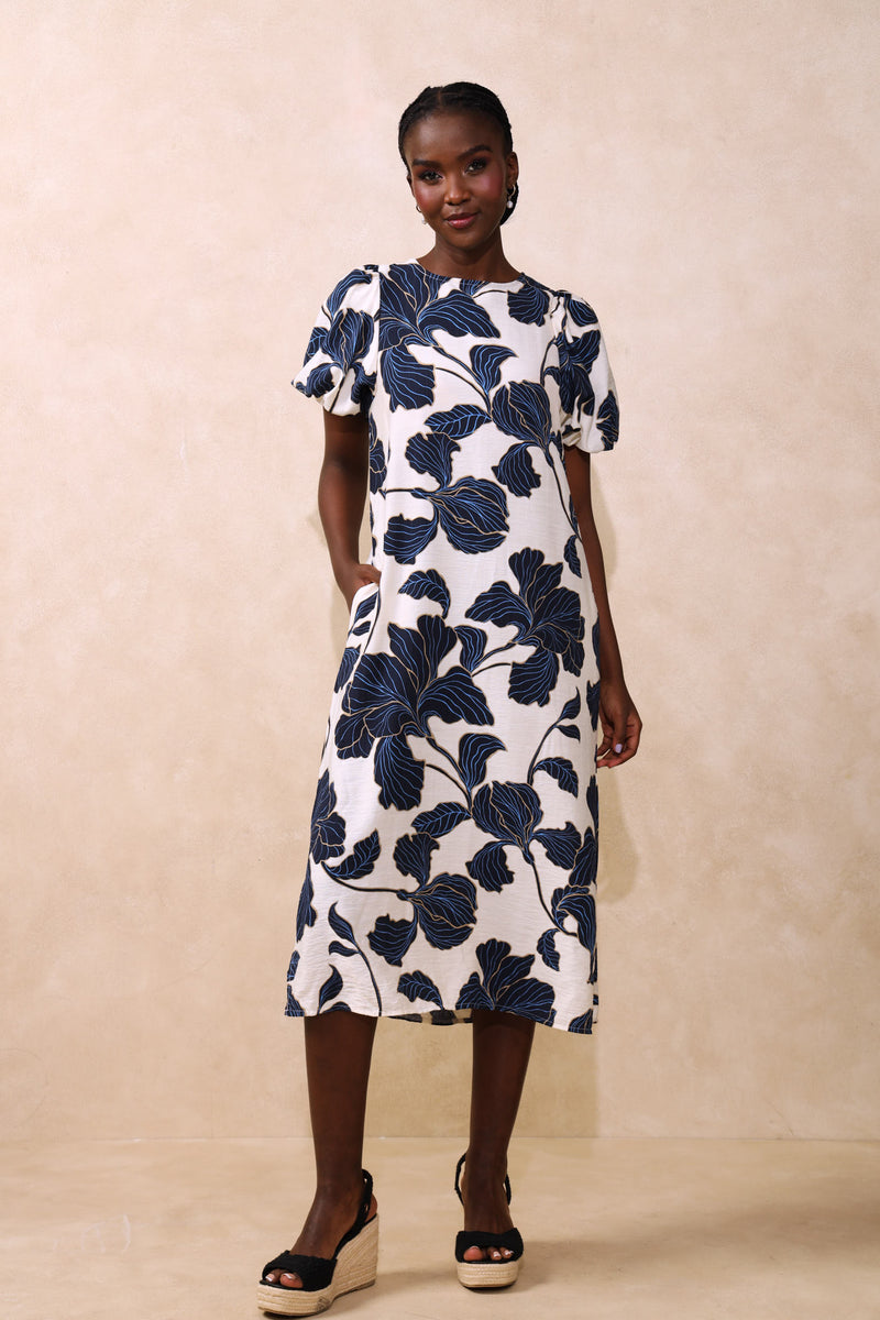 Bubble Sleeve Tie-Back Shift Midaxi Dress - Navy