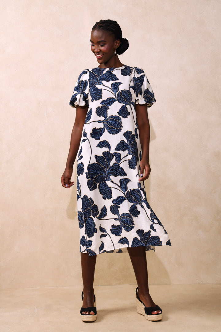 Bubble Sleeve Tie-Back Shift Midaxi Dress - Navy