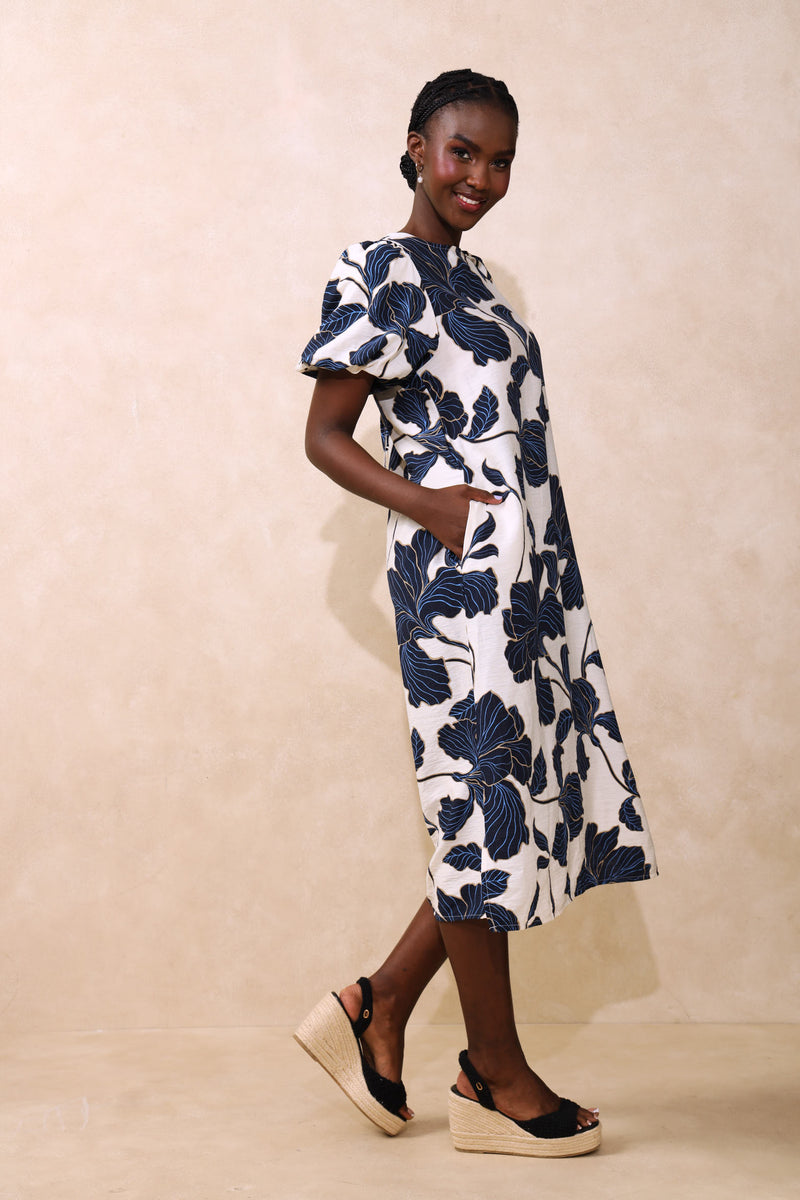 Bubble Sleeve Tie-Back Shift Midaxi Dress - Navy