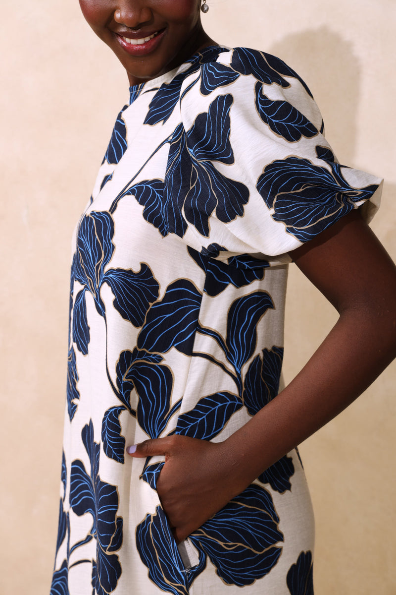 Bubble Sleeve Tie-Back Shift Midaxi Dress - Navy