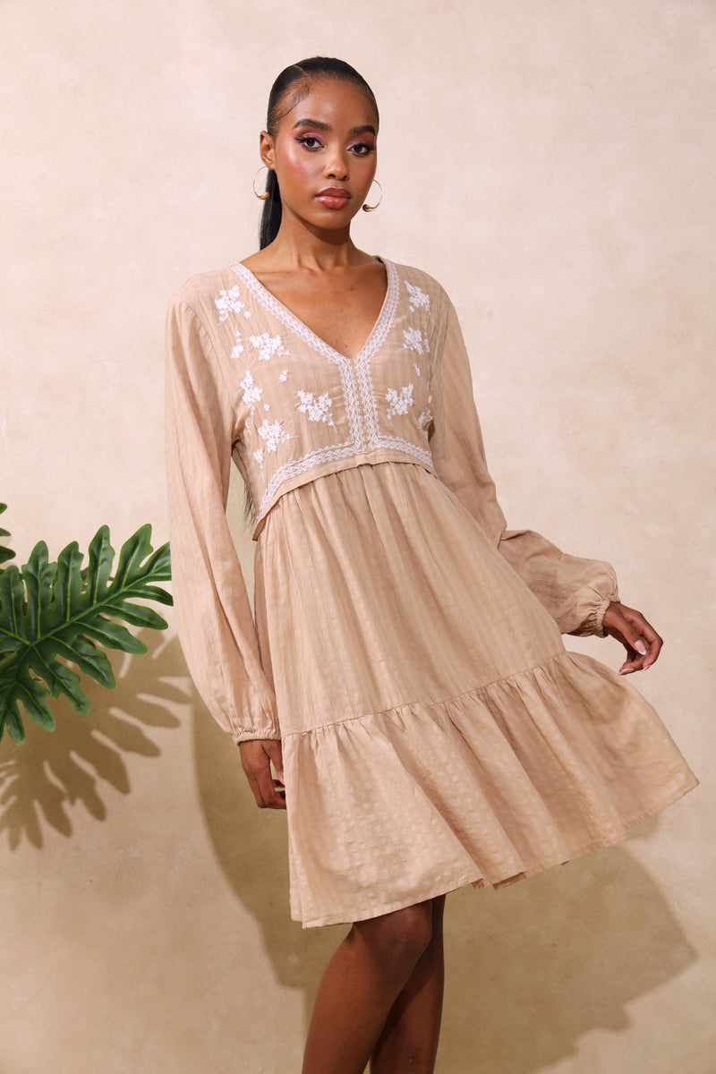 Long Sleeve Embroidered V-Neck Babydoll Mini Dress - Stone