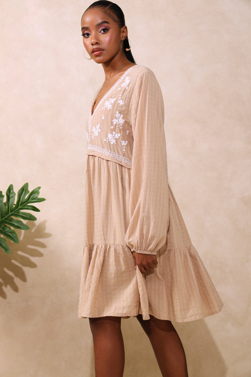 Long Sleeve Embroidered V-Neck Babydoll Mini Dress - Stone