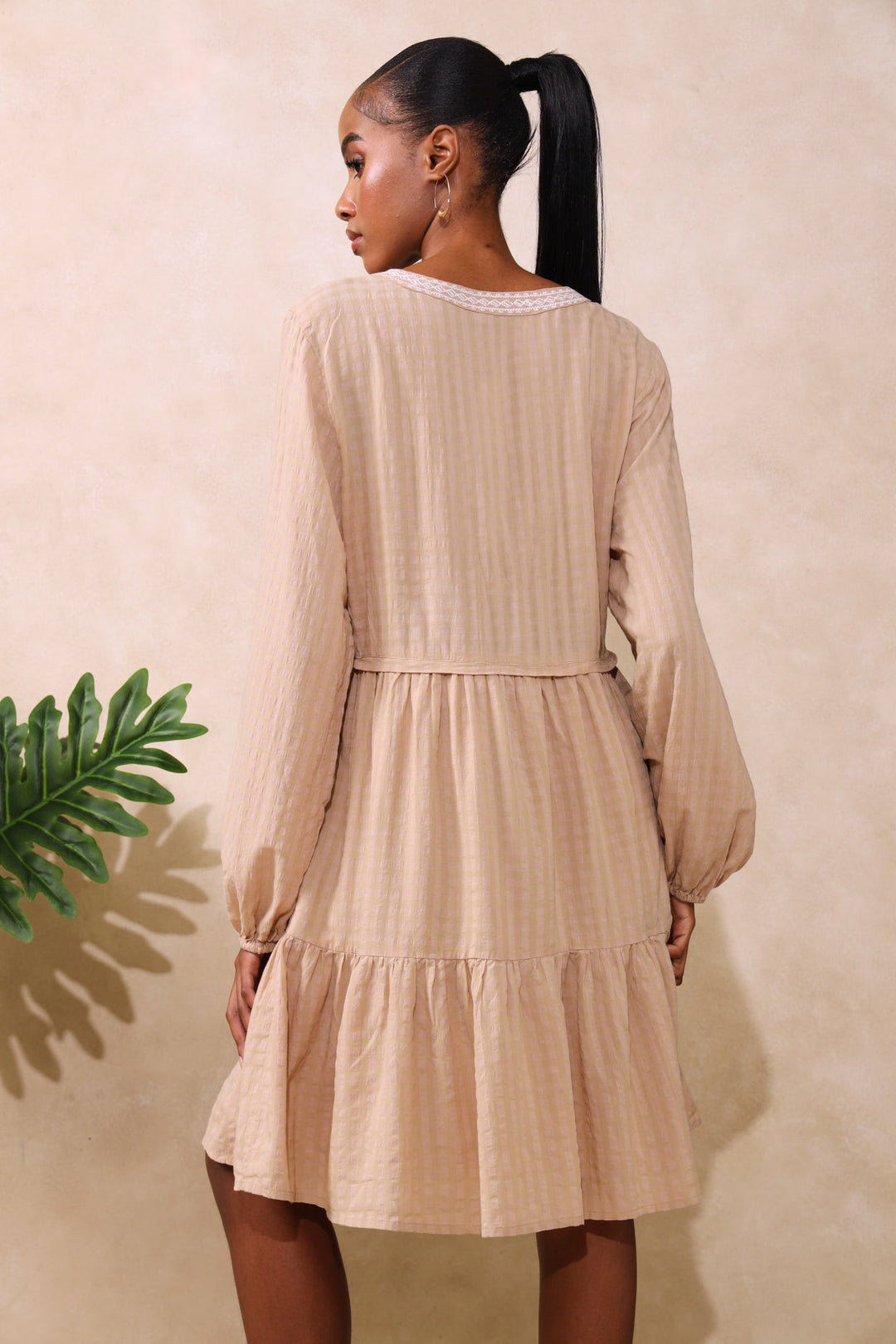 Long Sleeve Embroidered V-Neck Babydoll Mini Dress - Stone