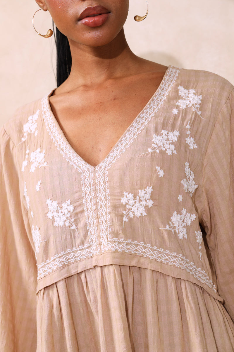 Long Sleeve Embroidered V-Neck Babydoll Mini Dress - Stone