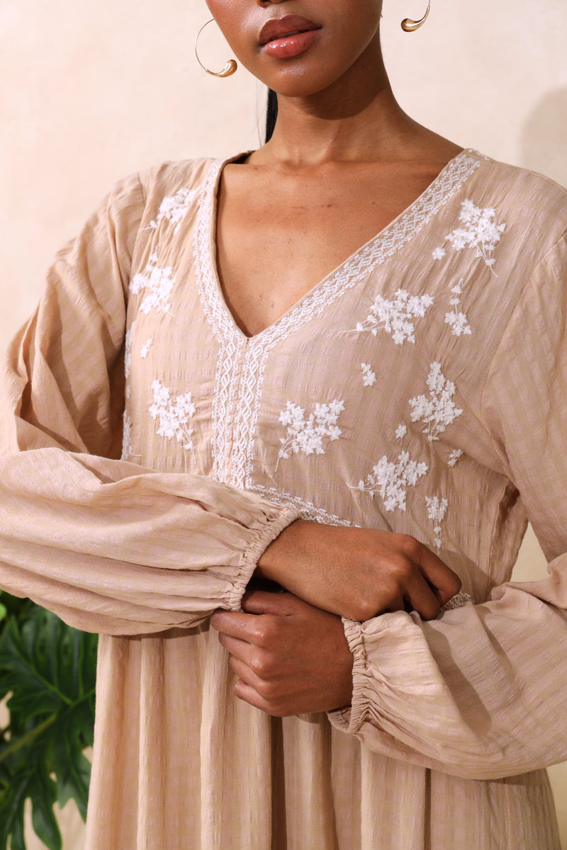 Long Sleeve Embroidered V-Neck Babydoll Mini Dress - Stone