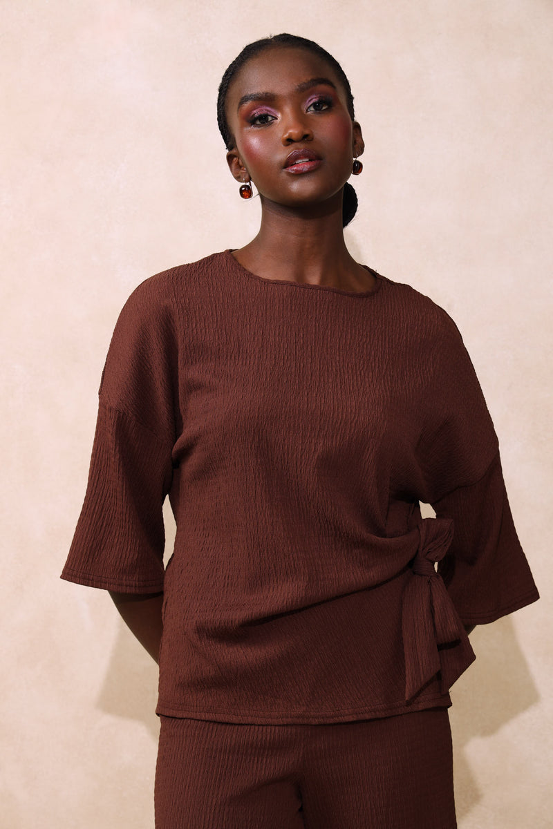 Tie-Front Boxy Crinkle Tee - Dark Chocolate