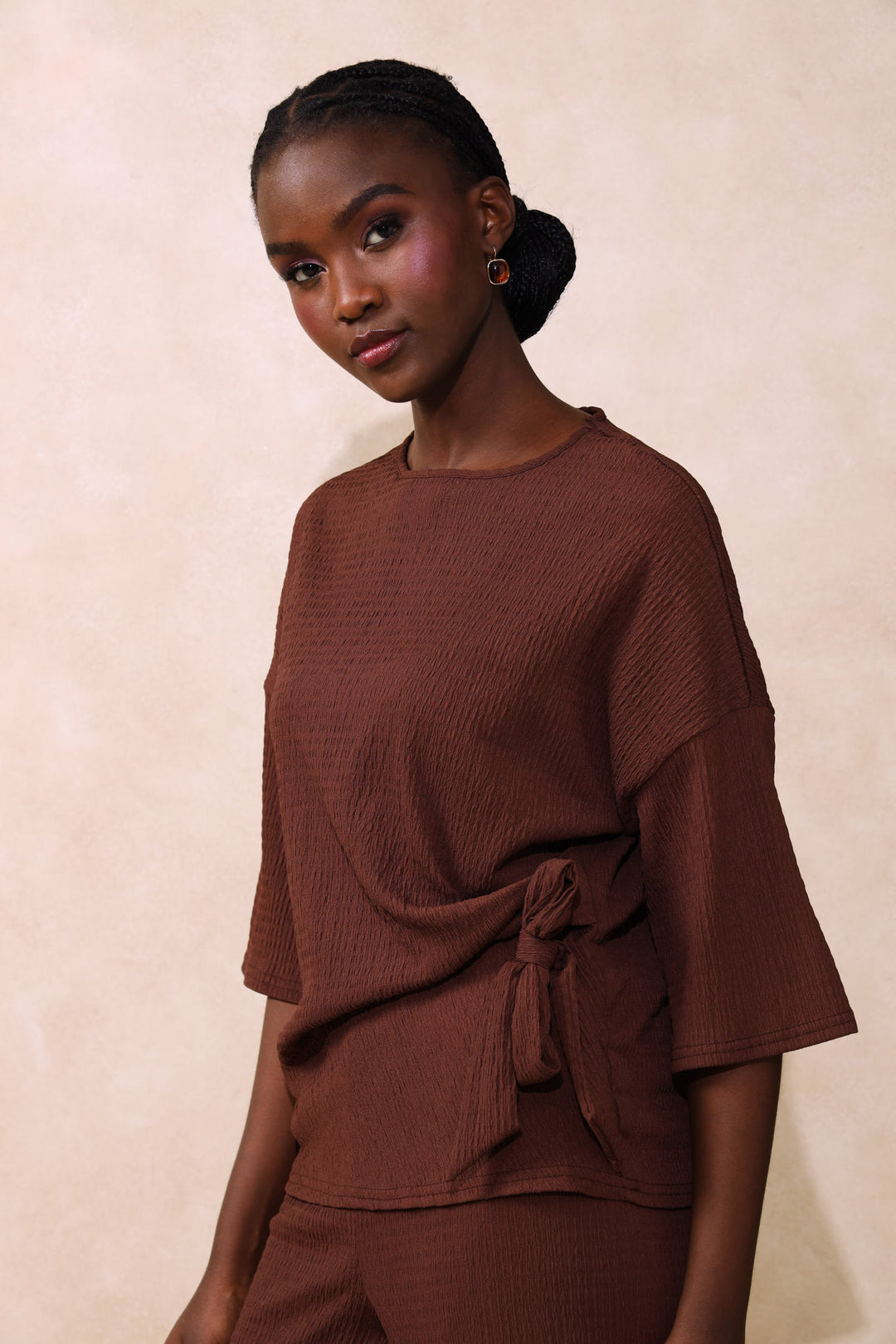 Tie-Front Boxy Crinkle Tee - Dark Chocolate
