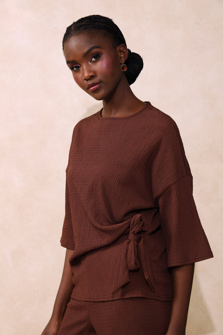 Tie-Front Boxy Crinkle Tee - Dark Chocolate