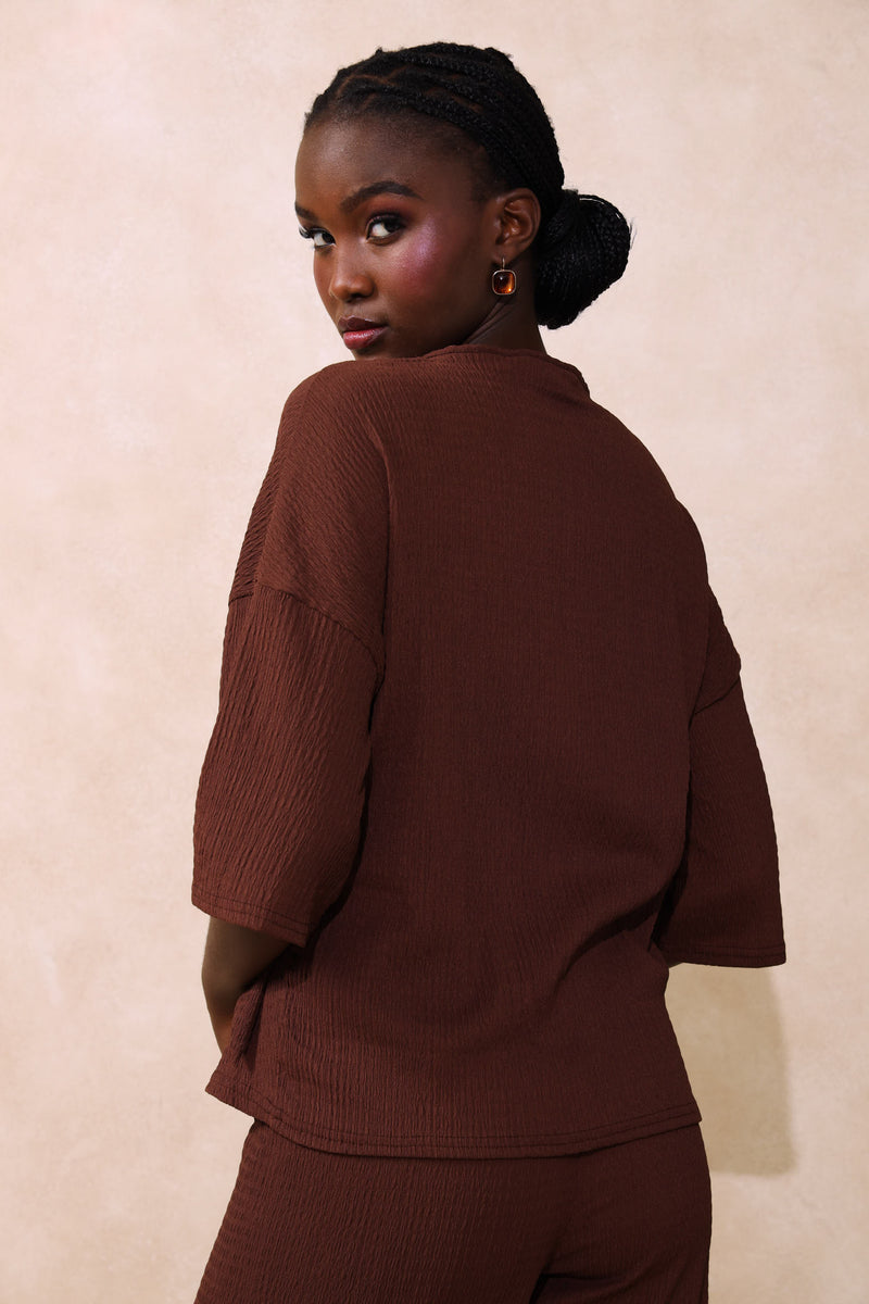 Tie-Front Boxy Crinkle Tee - Dark Chocolate