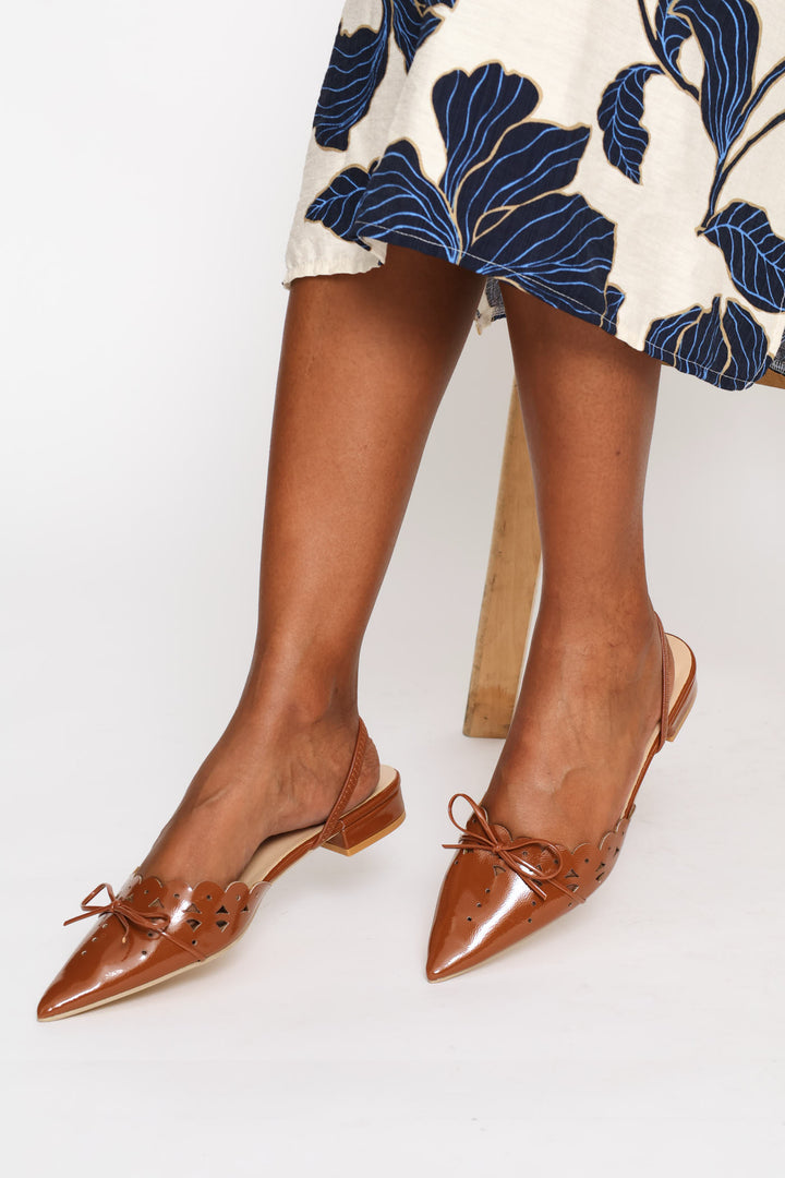 Scalloped & Lazer Cut Bow Pointy Slingback - Brown