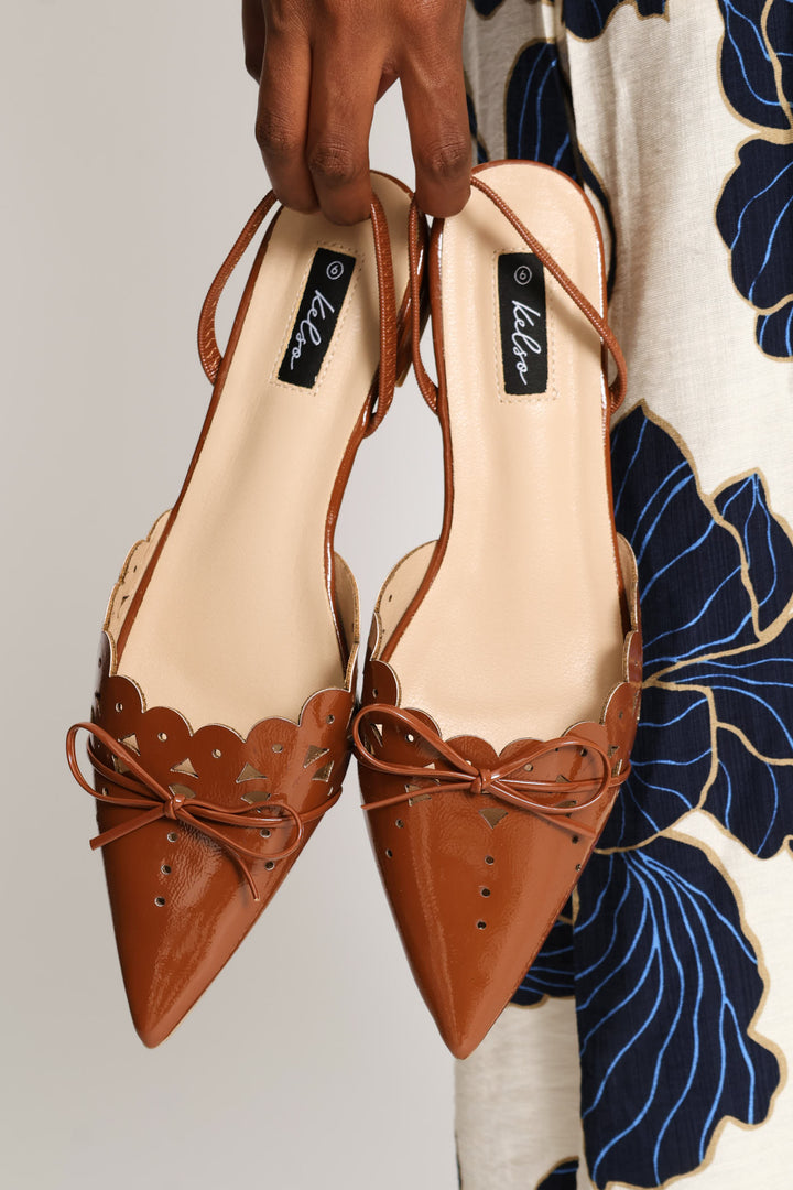 Scalloped & Lazer Cut Bow Pointy Slingback - Brown