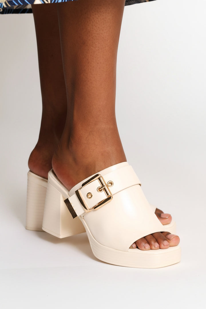 Buckled Peeptoe Platform Mule Heel - Off White