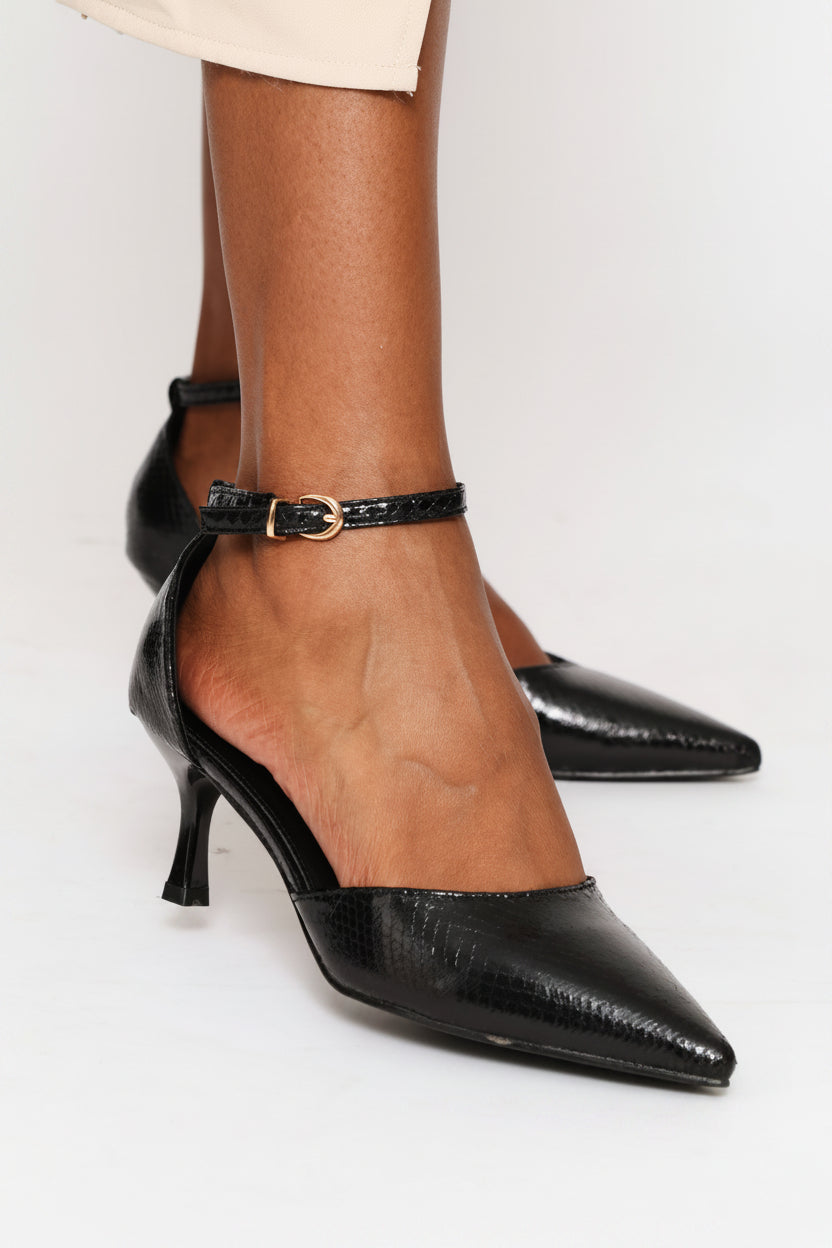 Ankle Strap Open Waist Court Heel - Black