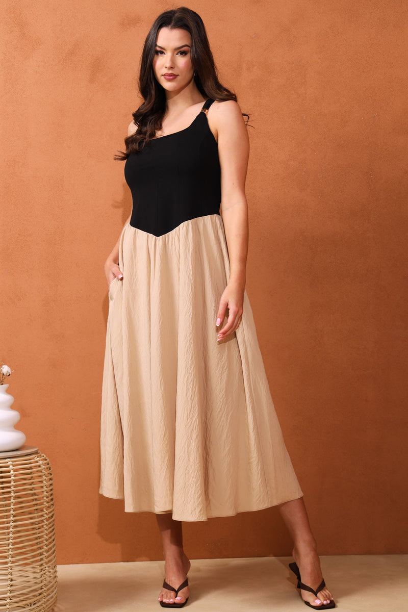 Square Neck Combo Midi Dress - Black