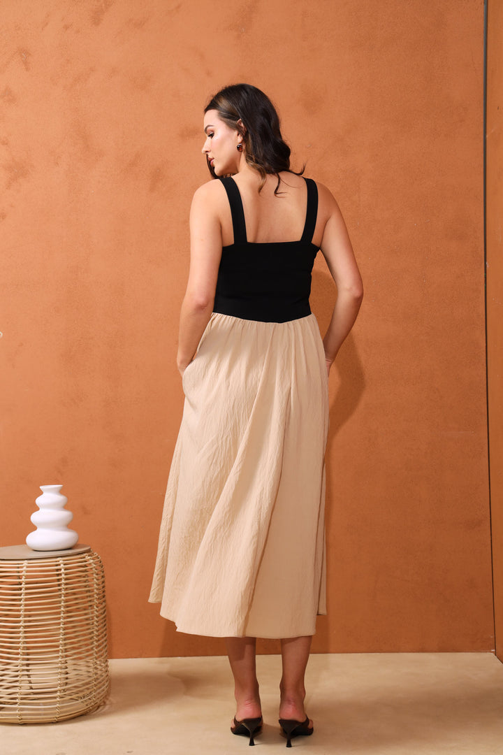 Square Neck Combo Midi Dress - Black