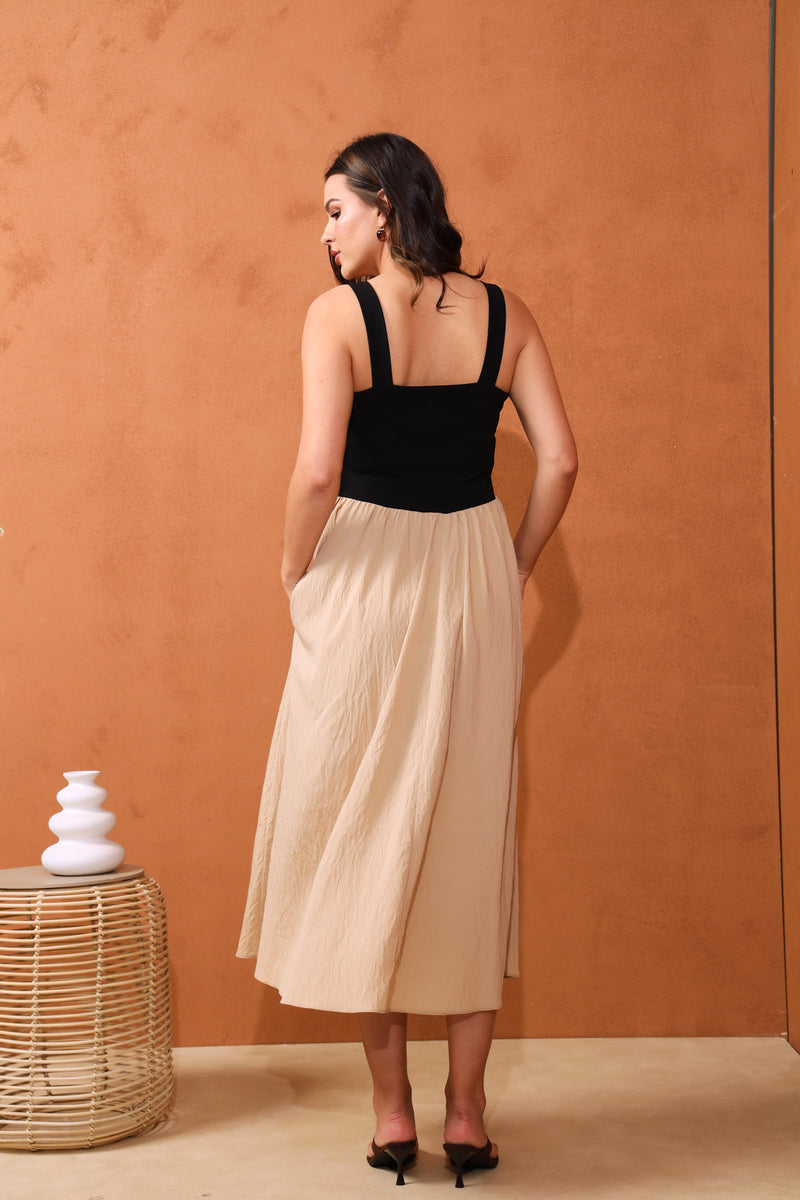 Square Neck Combo Midi Dress - Black