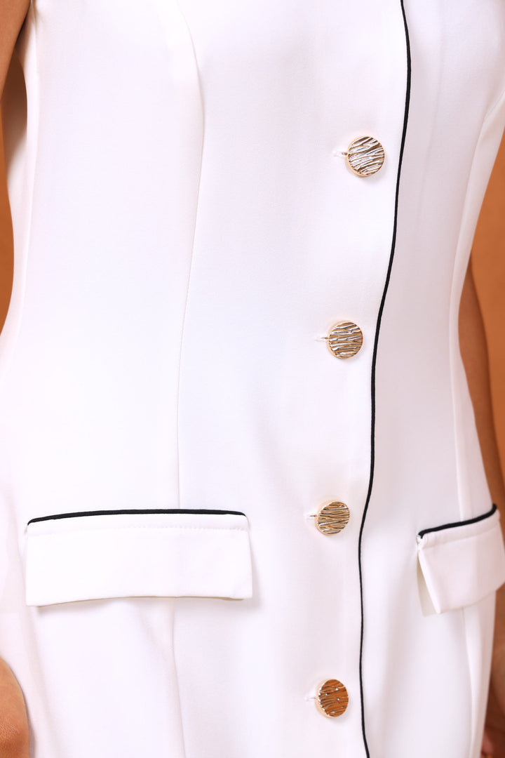 Button Through Contrast Dress - Cream/Black