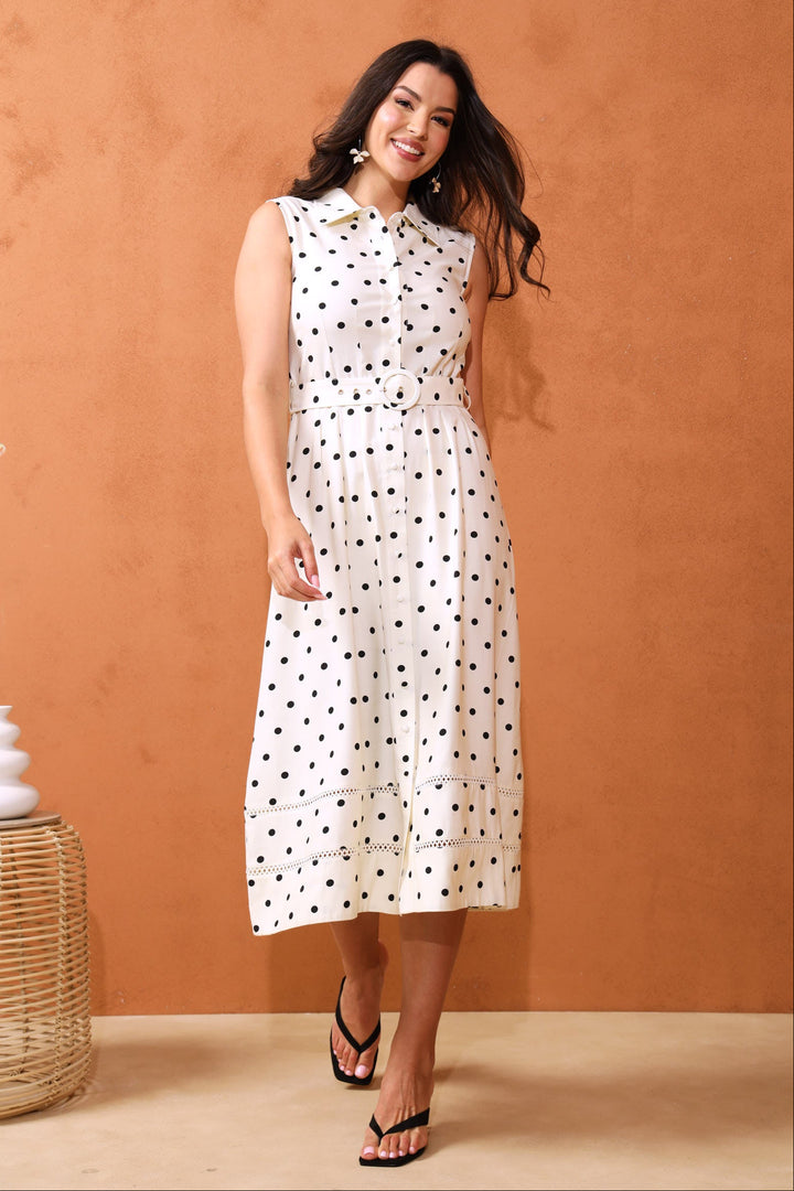 Polka Dot Belted Maxi Dress - Cream/Black