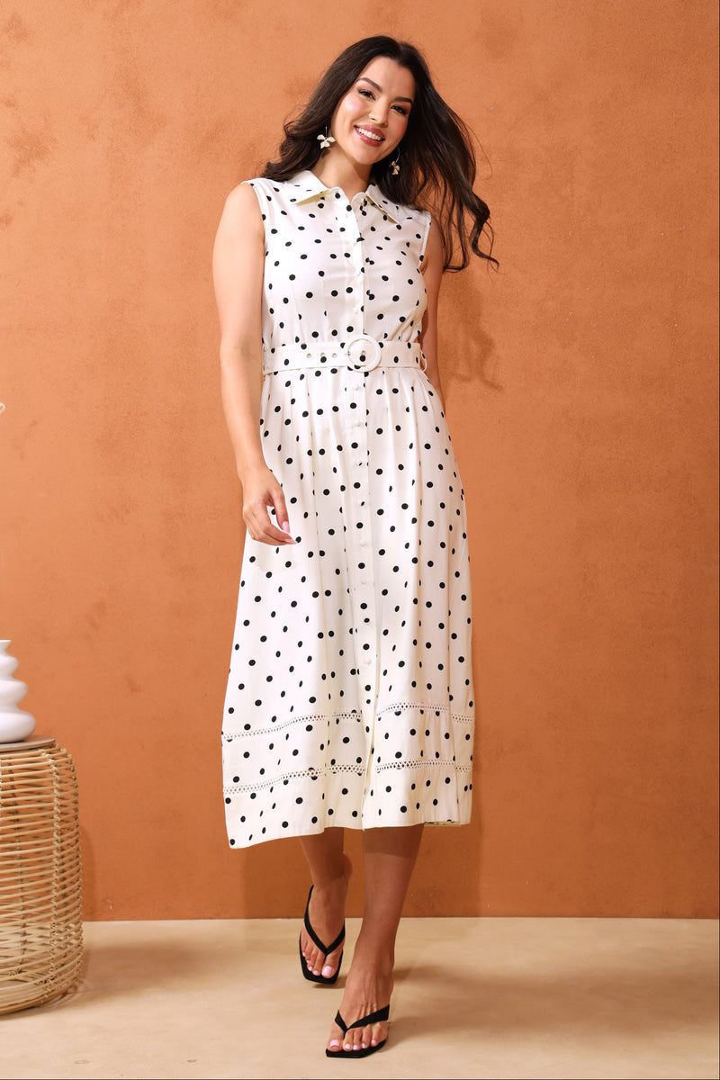 Polka Dot Belted Maxi Dress - Cream/Black