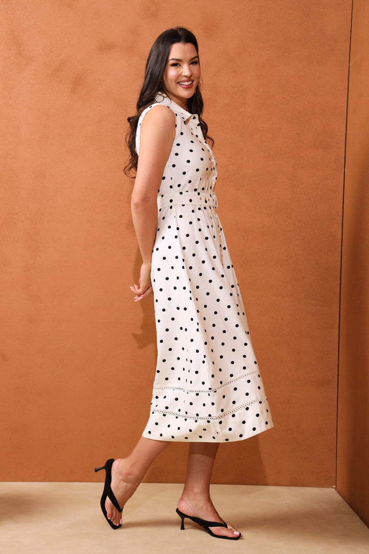 Polka Dot Belted Maxi Dress - Cream/Black