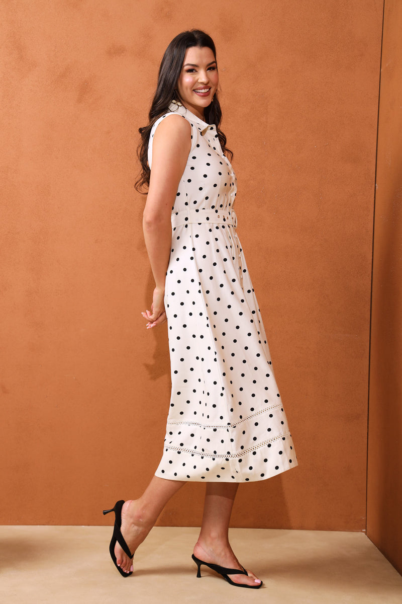 Polka Dot Belted Maxi Dress - Cream/Black