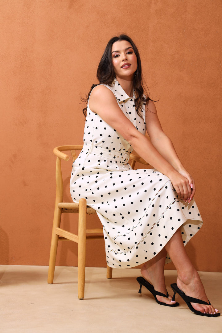 Polka Dot Belted Maxi Dress - Cream/Black