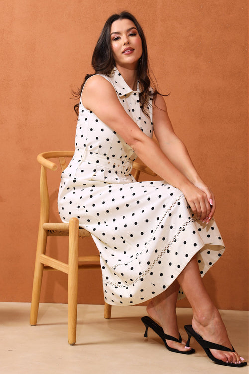 Polka Dot Belted Maxi Dress - Cream/Black