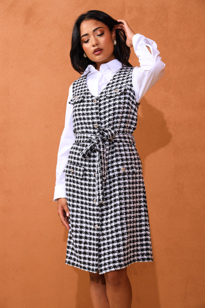 V-Neck Button Through Tweed Dress - Black