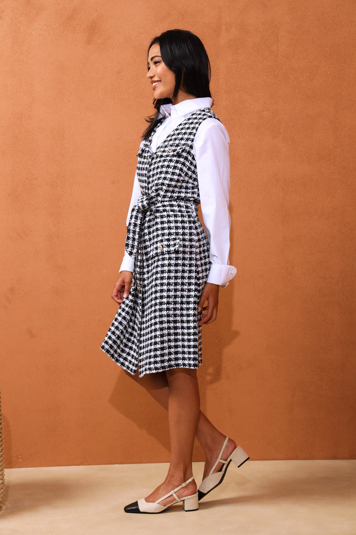 V-Neck Button Through Tweed Dress - Black