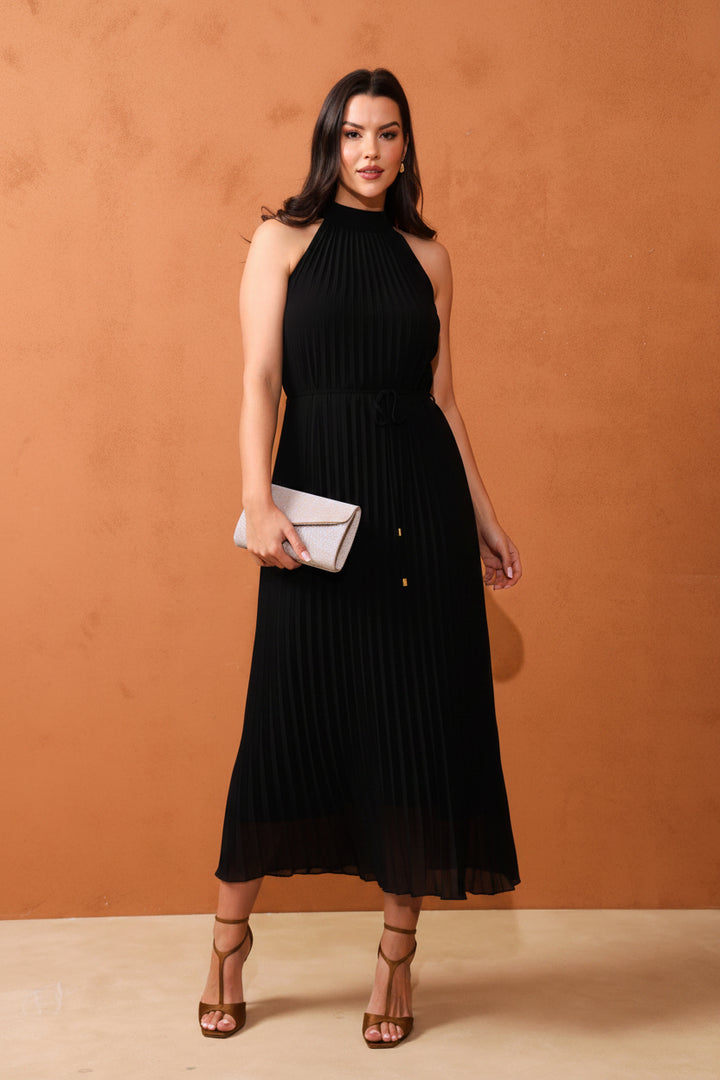 Halter Pleated Maxi Dress - Black