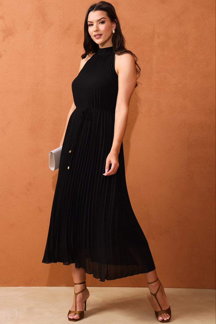 Halter Pleated Maxi Dress - Black