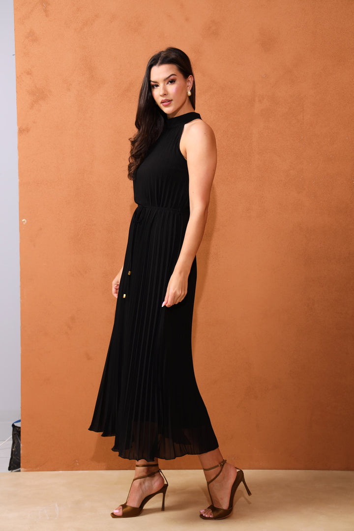 Halter Pleated Maxi Dress - Black