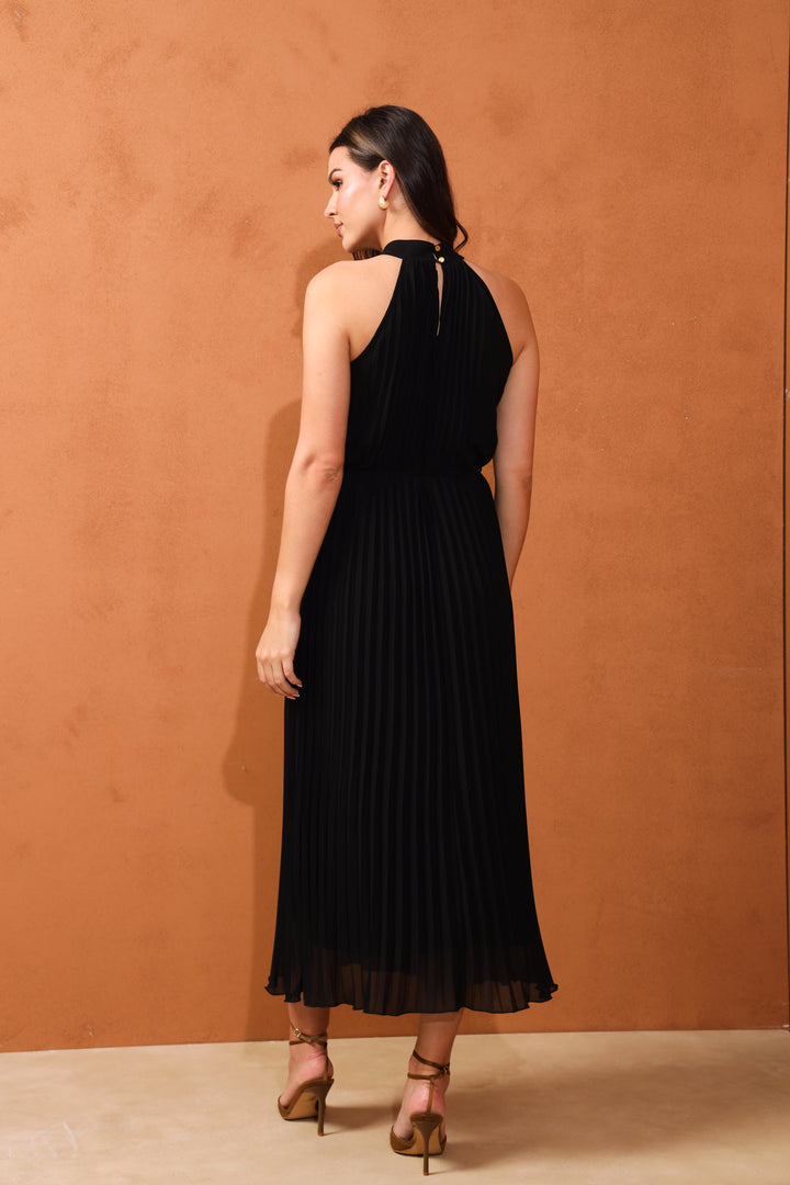Halter Pleated Maxi Dress - Black