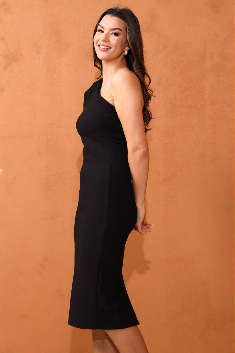 Julia Midi One Shoulder Evening Dress - Black