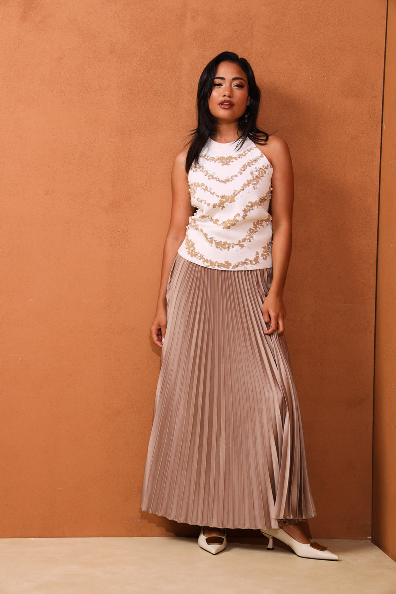 Pleated Satin Maxi Skirt - Champagne