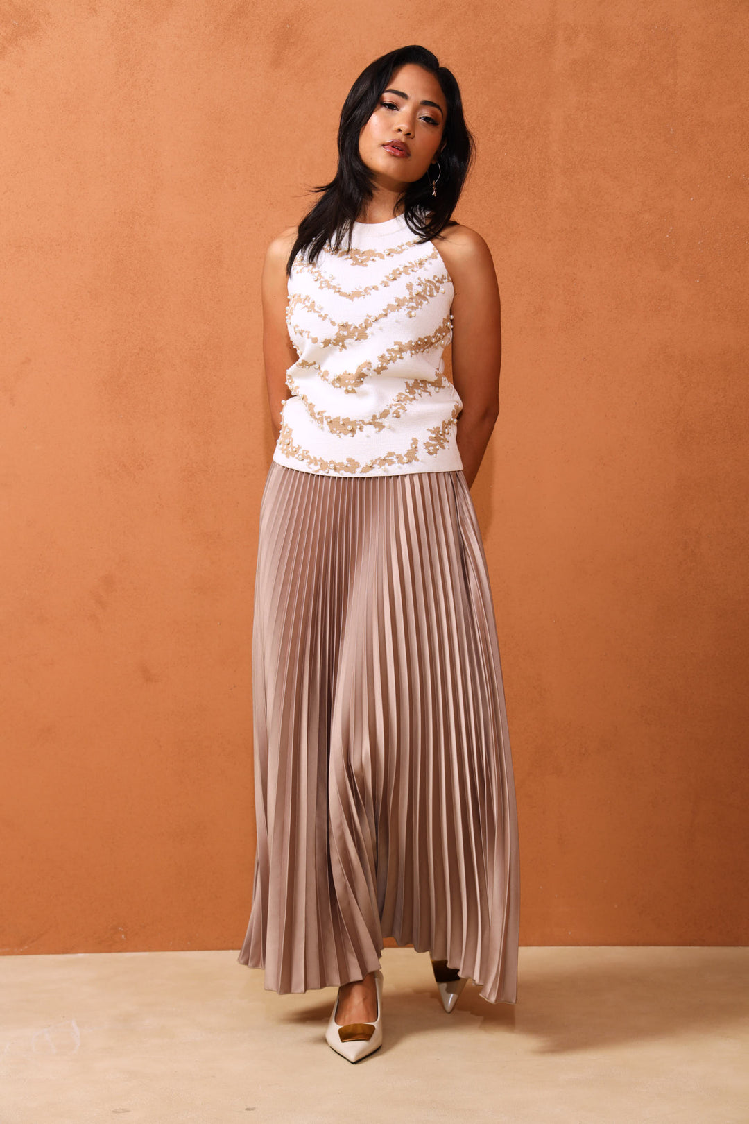 Pleated Satin Maxi Skirt - Stone