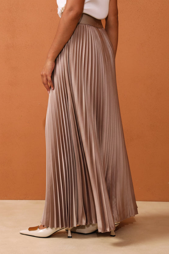 Pleated Satin Maxi Skirt - Stone