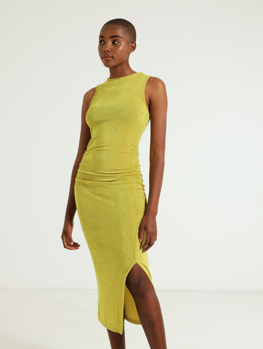 Hi Neck Gauged Side Slit Slinky Dress Green Edgars