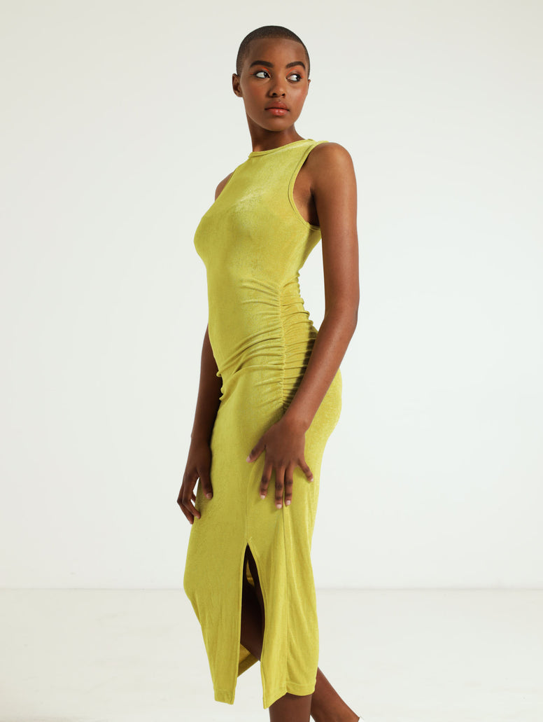 Hi Neck Gauged Side Slit Slinky Dress - Green