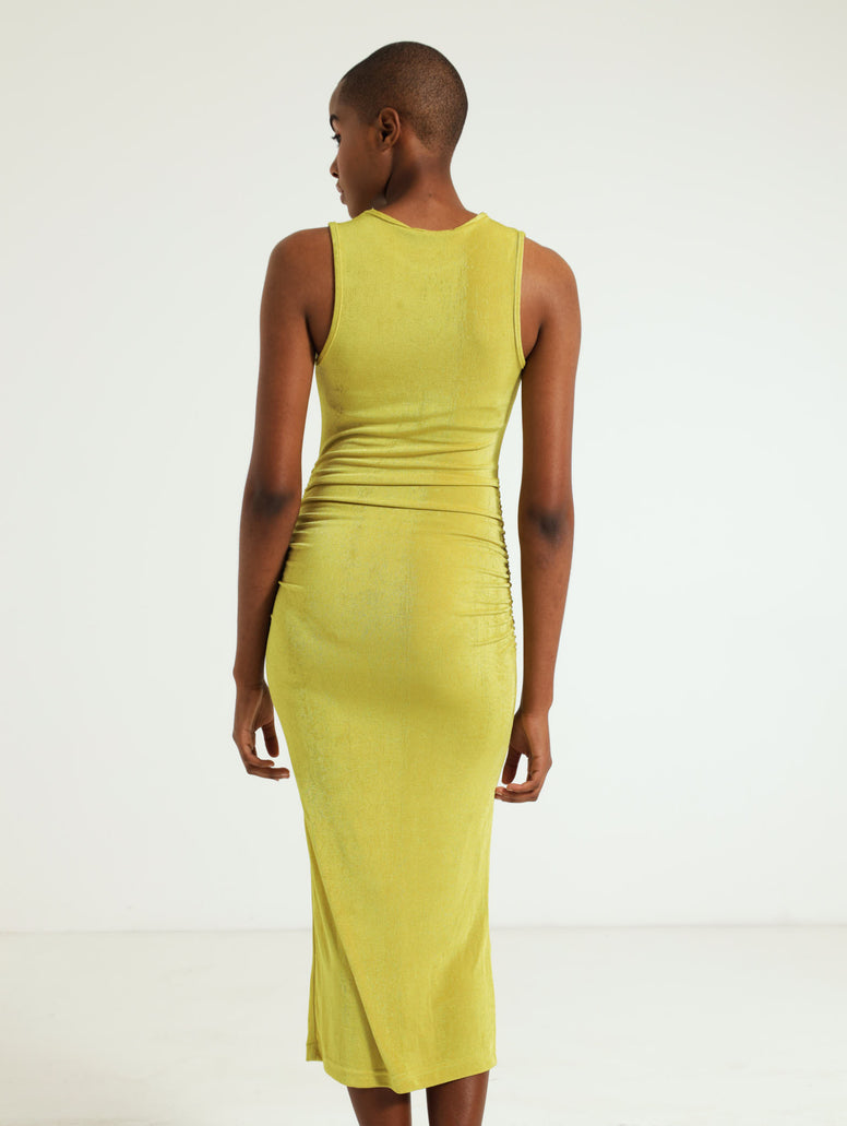 Hi Neck Gauged Side Slit Slinky Dress - Green