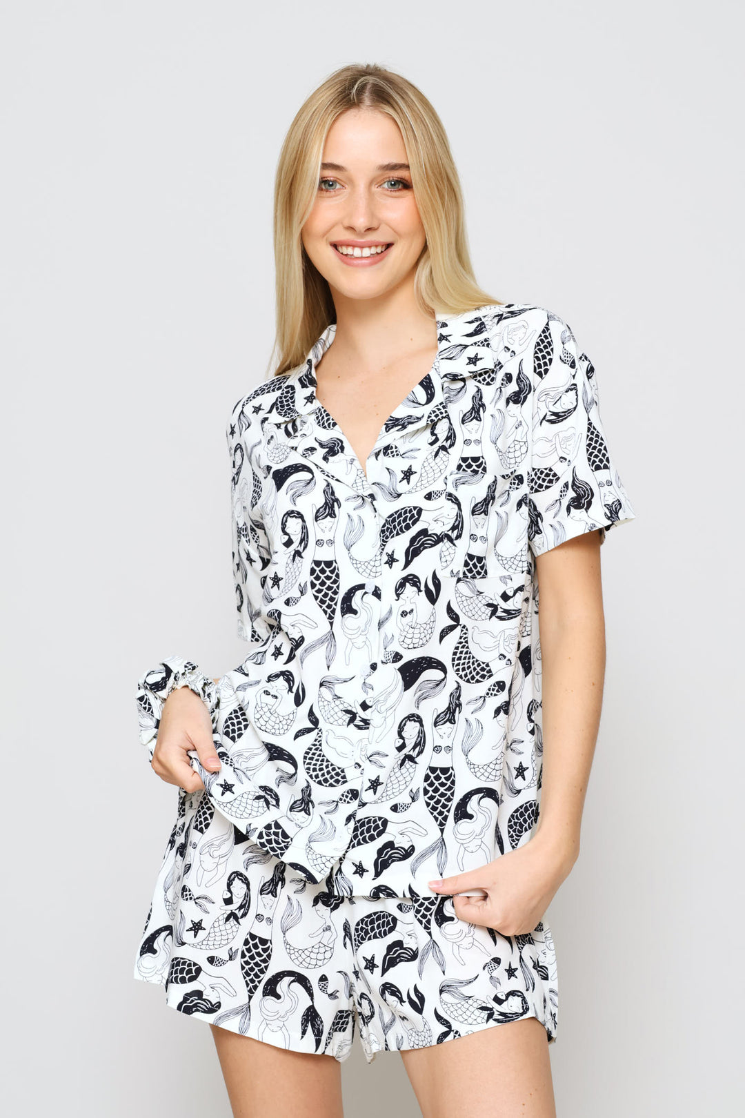 Button Through & Short Viscose Sleep Set - White/Blue