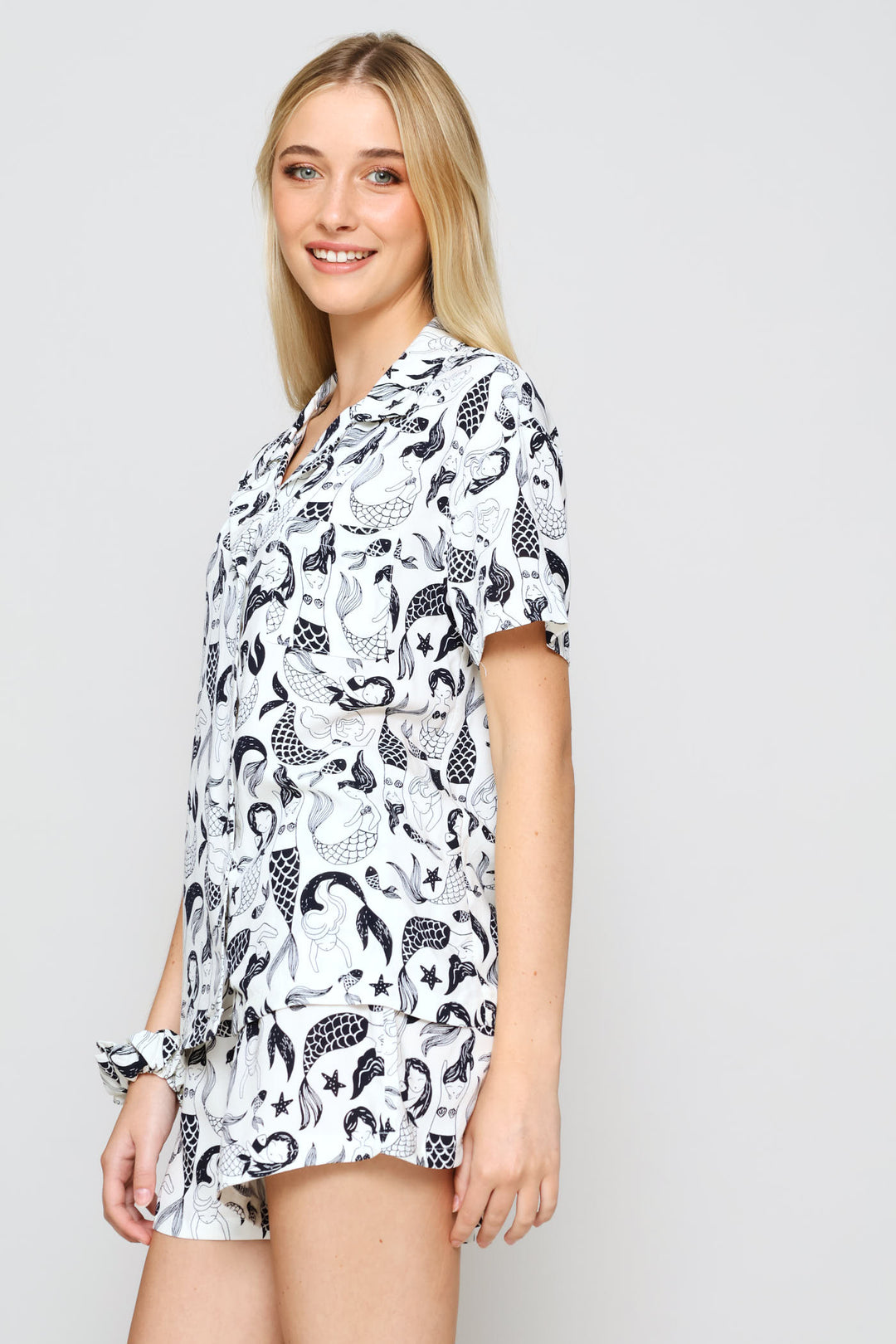 Button Through & Short Viscose Sleep Set - White/Blue