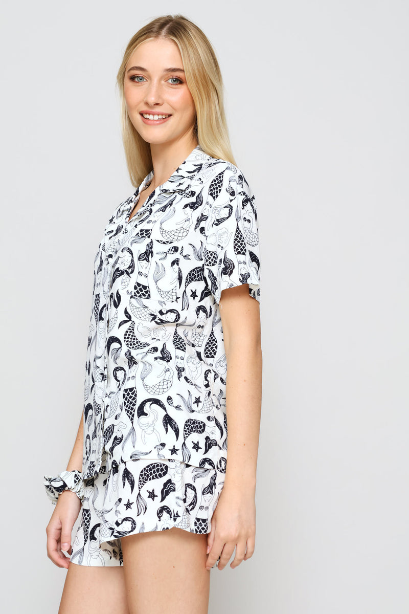 Button Through & Short Viscose Sleep Set - White/Blue