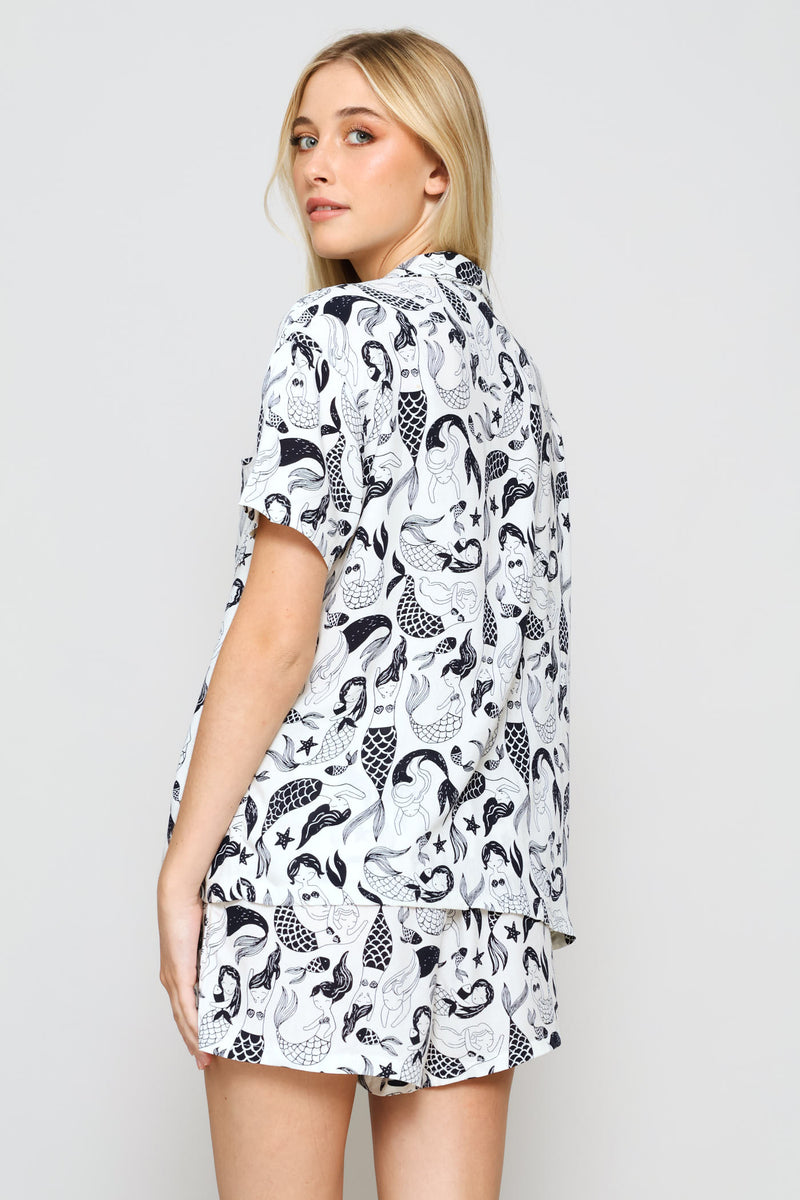 Button Through & Short Viscose Sleep Set - White/Blue