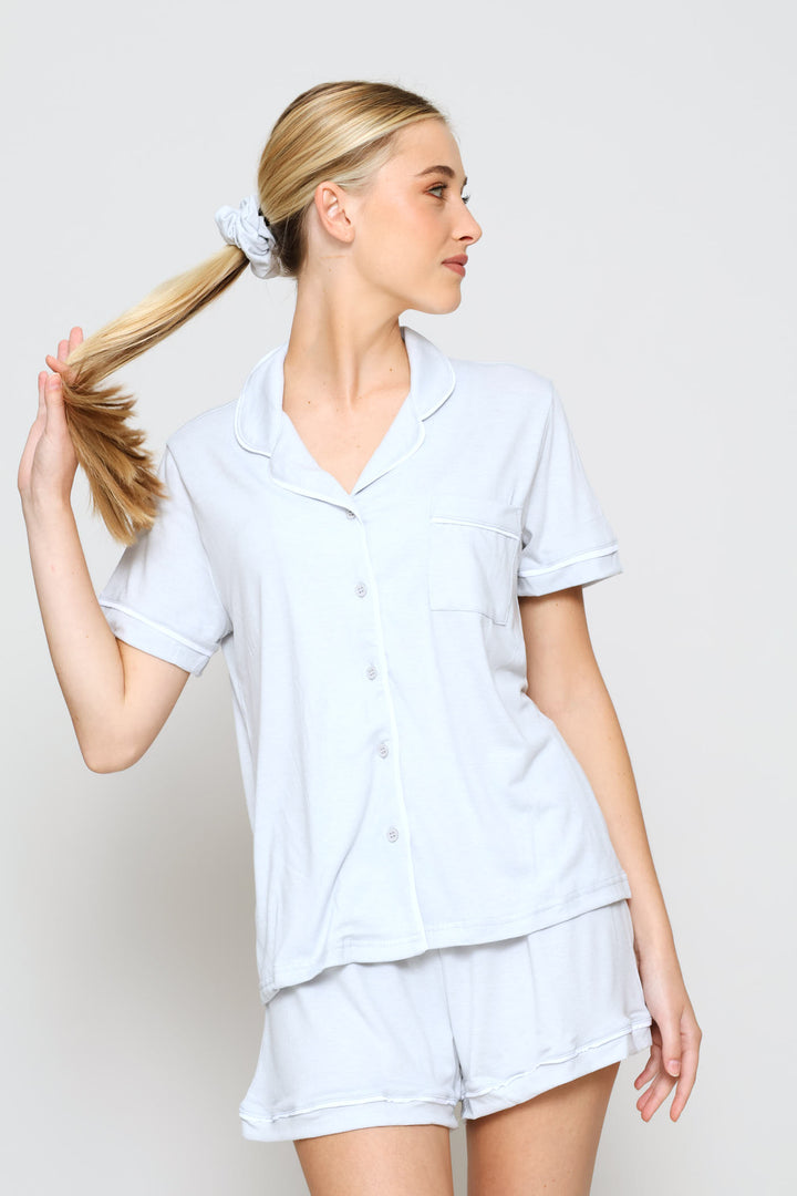 Button Through Knit Viscose Blend Short Sleep Set - Light Grey