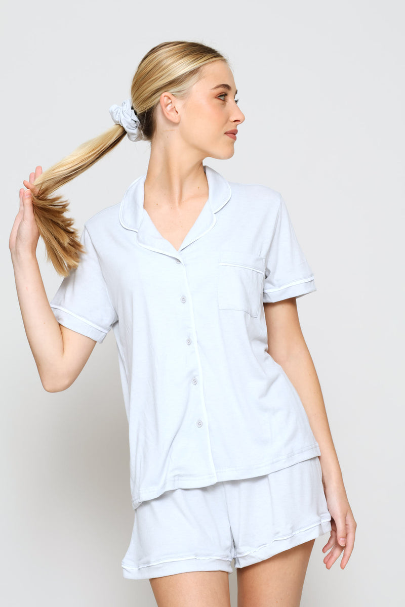 Button Through Knit Viscose Blend Short Sleep Set - Light Grey