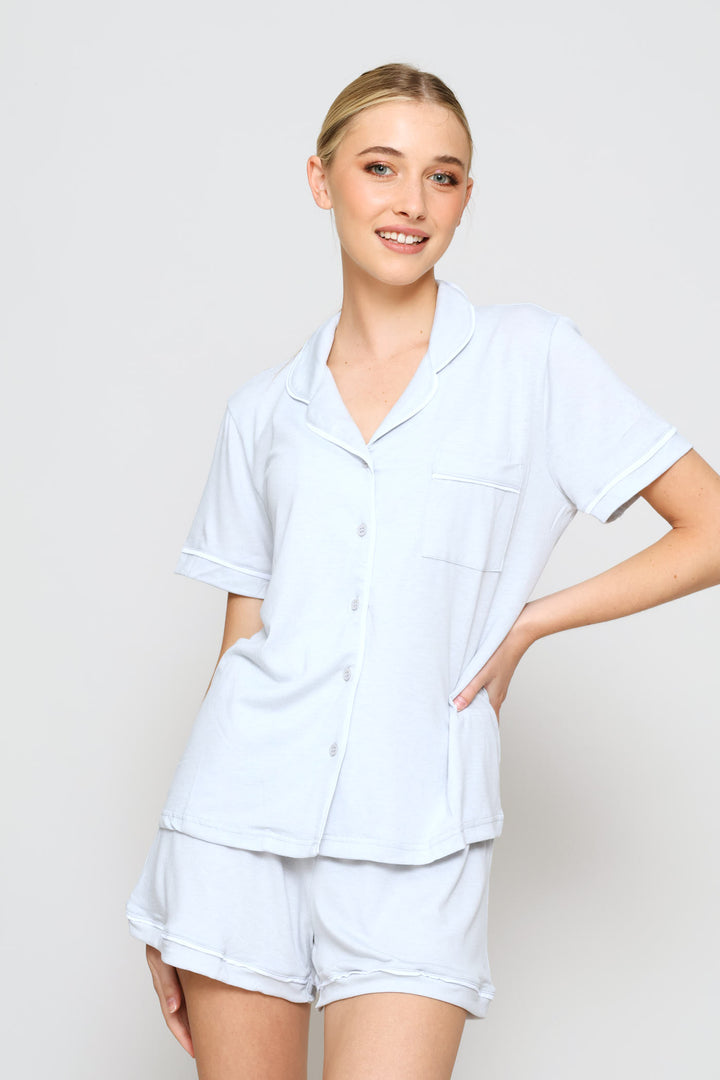 Button Through Knit Viscose Blend Short Sleep Set - Light Grey
